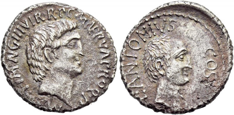 Marcus Antonius, Lucius Antonius with L. Cocceius Nerva. Denarius, mint moving w...
