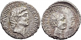 Marcus Antonius, Lucius Antonius with L. Cocceius Nerva. Denarius, mint moving with M. Antonius 41, AR 3.31 g. M·ANT·IMP·AVG III VIR·R·P·C·M NERVA PRO...
