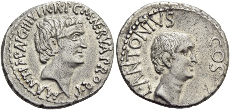 Marcus Antonius, Lucius Antonius with L. Cocceius Nerva. Denarius, mint moving w...