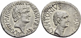 Marcus Antonius, Lucius Antonius with L. Cocceius Nerva. Denarius, mint moving with M. Antonius 41, AR 3.69 g. M·ANT·IMP·AVG III VIR·R·P·C·M NERVA PRO...