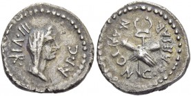 Octavianus and Marcus Antonius. Quinarius, mint moving with Octavian 39, AR 1.72 g. III·VIR· – R·P·C Diademed head of Concordia r. Rev. M·ANTON·C·CAES...