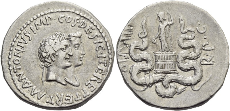 Marcus Antonius and Octavia. Cistophoric tetradrachm, Ephesus (?) 39, AR 12.13 g...