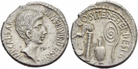 C. Caesar Octavianus. Denarius, mint moving with Octavian 37, AR 3.96 g. IMP·CAESAR· DIVI·F·III·VIR·ITER·R·P·C Bearded head of Octavian r. Rev. COS·IT...
