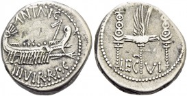 Marcus Antonius. Denarius, mint moving with M. Antonius 32-31, AR 3.66 g. ANT AVG – III·VIR·R·P·C Galley r., with sceptre tied with fillet on prow. Re...