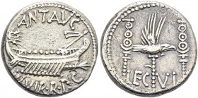 Marcus Antonius. Denarius, mint moving with M. Antonius 32-31, AR 3.64 g. ANT AVG – III·VIR·R·P·C Galley r., with sceptre tied with fillet on prow. Re...