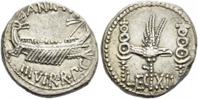 Marcus Antonius. Denarius, mint moving with M. Antonius 32-31, AR 3.69 g. ANT AVG – III·VIR·R·P·C Galley r., with sceptre tied with fillet on prow. Re...