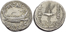 Marcus Antonius. Denarius, mint moving with M. Antonius 32-31, AR 3.64 g. ANT AVG – III·VIR·R·P·C Galley r., with sceptre tied with fillet on prow. Re...