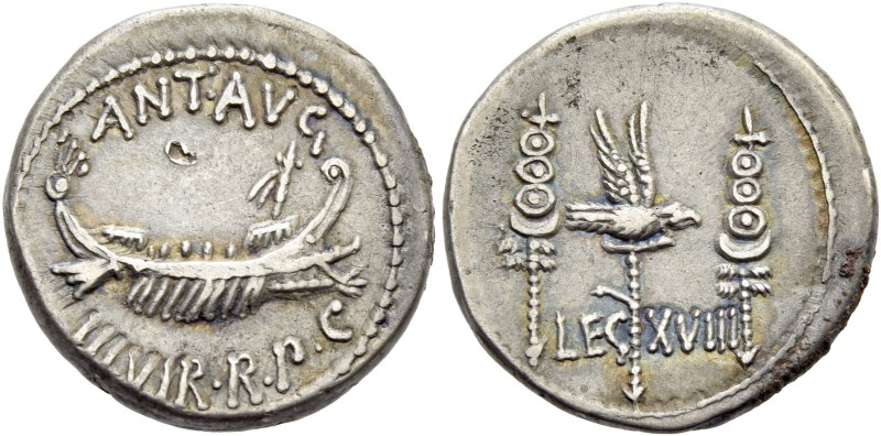 Marcus Antonius. Denarius, mint moving with M. Antonius 32-31, AR 3.94 g. ANT AV...