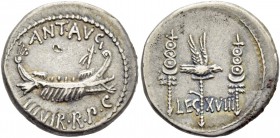 Marcus Antonius. Denarius, mint moving with M. Antonius 32-31, AR 3.94 g. ANT AVG – III·VIR·R·P·C Galley r., with sceptre tied with fillet on prow. Re...