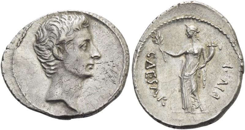 Octavian, 32 – 29 BC. Denarius, Brundisium or Roma 32-29, AR 4.50 g. Bare head r...