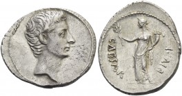 Octavian, 32 – 29 BC. Denarius, Brundisium or Roma 32-29, AR 4.50 g. Bare head r. Rev. Pax, draped, standing l., holding olive branch and cornucopiae....