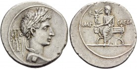 Octavian, 32 – 29 BC. Denarius, Brundisium and Roma (?) circa 29-27 BC, AR 3.50 g. Laureate terminus head r.; behind, thunderbolt. Rev. Octavian, toga...
