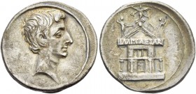 Octavian, 32 – 29 BC. Denarius, Brundisium and Roma (?) circa 29-27 BC, AR 3.65 g. Bare head r. Rev. Legend on architrave of temple with colonnaded ba...