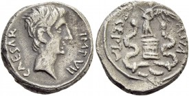Octavian, 32 – 29 BC. Quinarius circa 29-27 BC, AR 1.53 g. Bare head r. Rev. Victory standing l., holding wreath and palm, on cista mistica between tw...