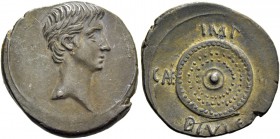 Octavian as Augustus, 27 BC – 14 AD. Denarius, uncertain mint (in Spain ?) 27 BC, AR 3.90 g. Bare head r. Rev. Legend around shield; above, IMP and be...