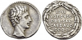 Octavian as Augustus, 27 BC – 14 AD. Denarius, Colonia Patricia circa 20-19 BC, AR 3.73 g. Bare head r. Rev. IOVI / VOT SVSC / PRO SAL / CAES AVG / S ...