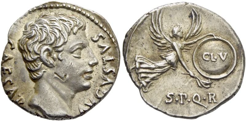 Octavian as Augustus, 27 BC – 14 AD. Denarius, Colonia Patricia circa 19 BC, AR ...