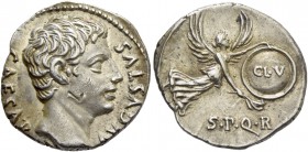 Octavian as Augustus, 27 BC – 14 AD. Denarius, Colonia Patricia circa 19 BC, AR 3.73 g. Bare head r. Rev. Victory flying r., holding shield inscribed,...