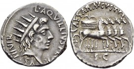 Octavian as Augustus, 27 BC – 14 AD. L. Aquillius Florus. Denarius circa 19 BC, AR 3.58 g. Head of Sol r. Rev. Slow quadriga r., with modius-shaped ca...