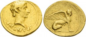 Octavian as Augustus, 27 BC – 14 AD. Aureus, Pergamum 19-18 BC, AV 7.88 g. Bare head r. Rev. Sphinx, with wings raised, seated r. C 333. Bahrfeldt 140...