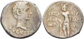 Octavian as Augustus, 27 BC – 14 AD. Denarius, Antiochia 19-18 BC, AR 3.68 g. Bare head r. Rev. Armenian standing facing holding spear in r. hand and ...