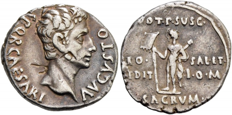 Octavian as Augustus, 27 BC – 14 AD. Denarius, Colonia Patricia circa 18-17 BC, ...