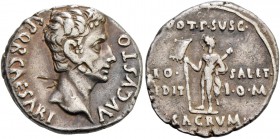 Octavian as Augustus, 27 BC – 14 AD. Denarius, Colonia Patricia circa 18-17 BC, AR 3.80 g. Bare head r. Rev. Mars, helmeted and cloaked, standing l., ...