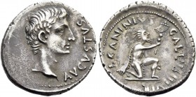 Octavian as Augustus, 27 BC – 14 AD. L. Caninius Gallus. Denarius 12 BC, AR 3.81 g. Bare head r. Rev. Bearded barbarian, with cloak over shoulder, kne...