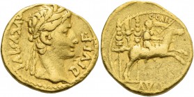 Octavian as Augustus, 27 BC – 14 AD. Aureus, Lugdunum 8 BC, AV 7.75 g. Laureate head r. Rev. Caius Caesar galloping r., holding sword and shield in l....