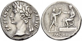 Octavian as Augustus, 27 BC – 14 AD. Denarius, Lugdunum 8 BC, AR 3.80 g. Laureate head l. Rev. Augustus, togate, seated l. on stool on platform, exten...