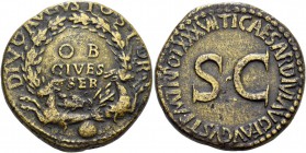 Octavian as Augustus, 27 BC – 14 AD. Divus Augustus. Sestertius circa 35-36, Æ 24.53 g. Legend on shield, within oak-wreath supported by capricorns; b...
