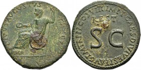 Octavian as Augustus, 27 BC – 14 AD. Divus Augustus. Sestertius circa 80-81, Æ 25.57 g Augustus laureate and togate seated l. holding patera and verti...