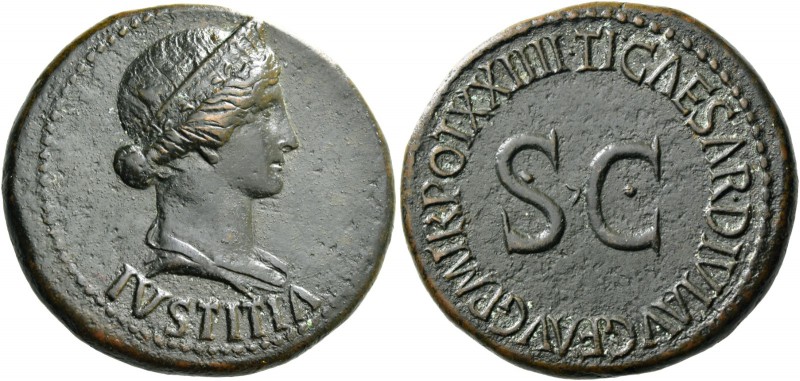 In name of Livia, wife of Augustus. Dupondius circa 21-22, Æ 14.60 g. Diademed a...