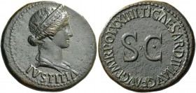In name of Livia, wife of Augustus. Dupondius circa 21-22, Æ 14.60 g. Diademed and draped bust of Livia as Iustitia r. Rev. Legend around S C. C 4. RI...