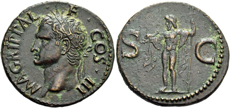 In the name of Agrippa. As after 37, Æ 10.92 g. Head l., wearing rostral crown. ...