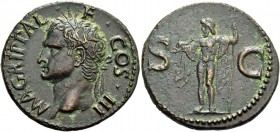 In the name of Agrippa. As after 37, Æ 10.92 g. Head l., wearing rostral crown. Rev. Neptune, cloaked, standing l. holding small dolphin and trident. ...