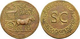 In the name of Iulia, daughter of Augustus. Sestertius circa 22-23, Æ 25.68 g. Carpentum with ornamented sides drawn r. by two mules. Rev. Legend arou...