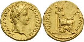 Tiberius augustus, 14 – 37. Aureus, Lugdunum 14-37, AV 7.77 g. Laureate head r. Rev. Pax-Livia figure seated r. on chair with ornamented legs, holding...