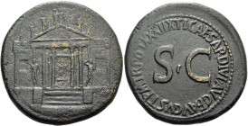 Tiberius augustus, 14 – 37. Sestertius 36-37, Æ 30.12 g. Hexastyle temple with flanking wings; statue of Concordia seated within, holding patera in r....