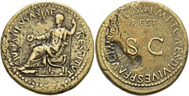 Tiberius augustus, 14 – 37. Divus Tiberius. Sestertius 80-81, Æ 26.99 g. Emperor seated l., holding patera and sceptre. Rev. Legendbaround REST / S C....