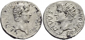 In the name of Germanicus, father of Gaius. Drachm, Caesarea Cappadociae 37-38, AR 3.38 g. Bare head of Germanicus r. Rev. Radiate head of Augustus l....