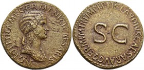 In the name of Agrippina Senior, mother of Gaius. Sestertius circa 50-54, Æ 27.40 g. Draped bust r.; hair falling in long plait at the back. Rev. Lege...