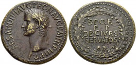Gaius augustus, 37 – 41. Sestertius circa 39-40, Æ 28.37 g. Laureate bust l. Rev. S P Q R / P P / OB CIVES / SERVATOS within wreath. C 25. RIC 46.
Bro...