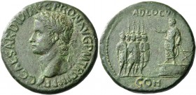 Gaius augustus, 37 – 41. Sestertius 40-41, Æ 28.30 g. Laureate head l. Rev. Gaius standing l. on platform, r. hand extended to five soldiers with shie...