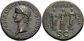 Gaius augustus, 37 – 41. Sestertius 37-38, Æ 29.04 g. Laureate bust l. Rev. The sisters of Gaius standing facing: Agrippina, as Securitas, holds cornu...