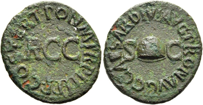 Gaius augustus, 37 – 41. Quadrans 39, Æ 2.64 g. Legend around RRC. Rev. Pileus f...