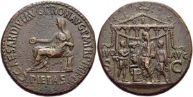 Gaius augustus, 37 – 41. Sestertius 39-40, Æ 28.18 g. Pietas, veiled and draped, seated l., holding patera in outstretched r. hand and resting l. arm ...
