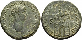 Claudius augustus, 41 – 54. Sestertius 41-50, Æ 27.09 g. Laureate head r. Rev. Triumphal arch surmounted by equestrian statue to r., spearing downward...