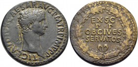 Claudius augustus, 41 – 54. Sestertius circa 41-50, Æ 26.10 g. Laureate head r. Rev. EX S C / OB / CIVES / SERVATOS within wreath. C 39. RIC 96.
Somew...