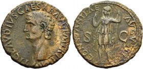Claudius augustus, 41 – 54. As circa 41-50 (?), Æ 10.45 g. Bare head l. Rev. Costantia in military attire standing l., holding spear and raising r. ha...